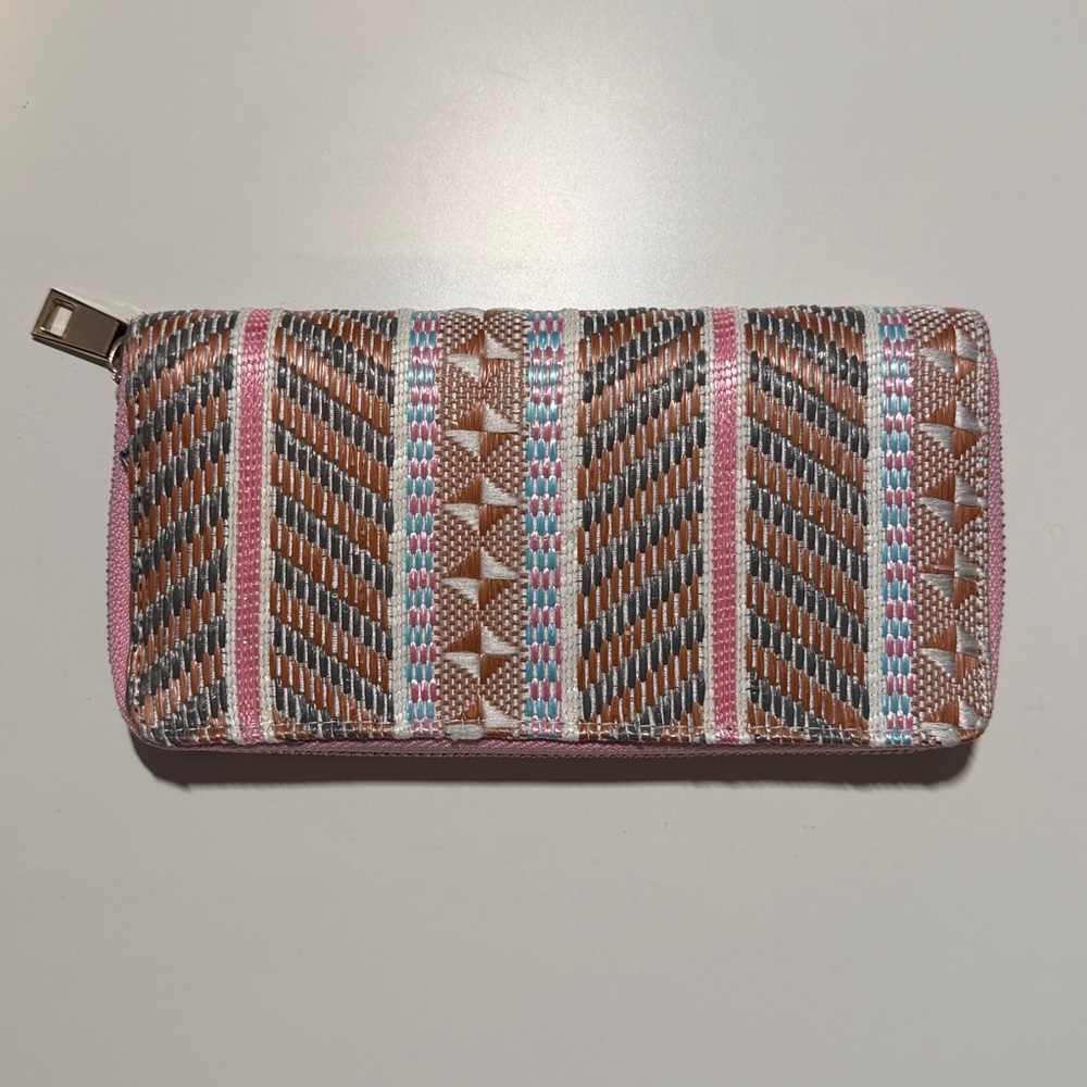 Isabella Rhea Pink and Brown Woven Zip Around Wallet Made in Italy